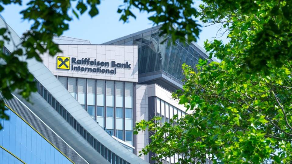 Logo on facade of Raiffeisen Bank International AG building in Vienna