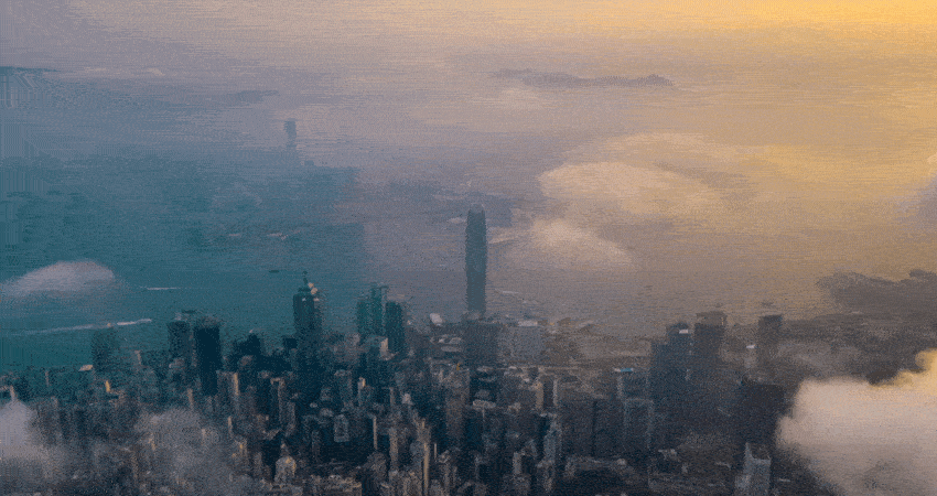Aerial hyperlapse of Hong Kong urban skyline in sunrise
