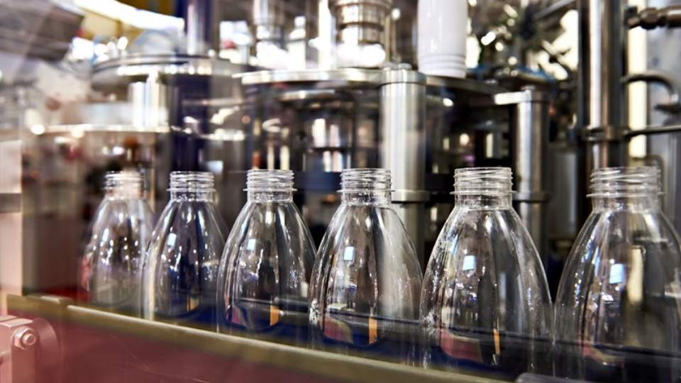 Line of bottling beverages in plastic bottles