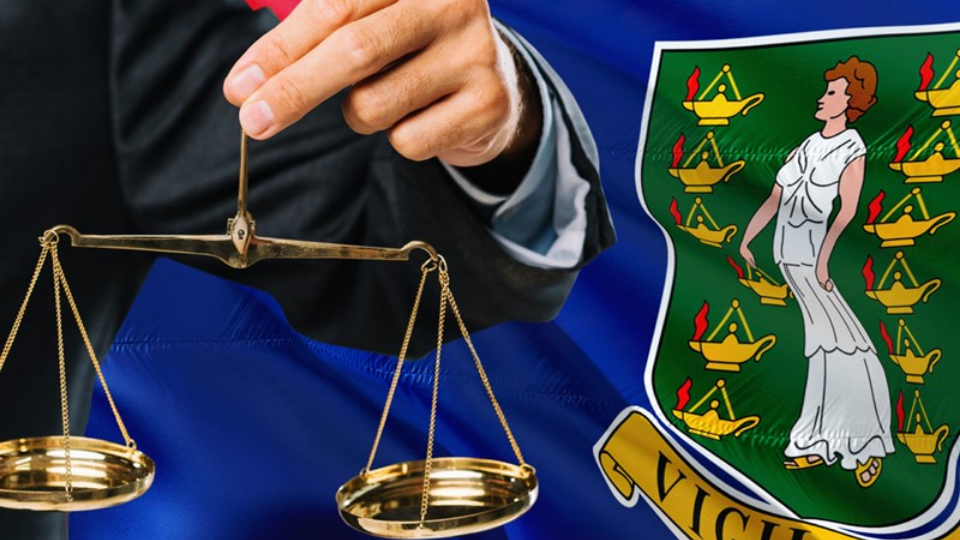 Judge is holding golden scales of justice with British Virgin Islands waving flag background