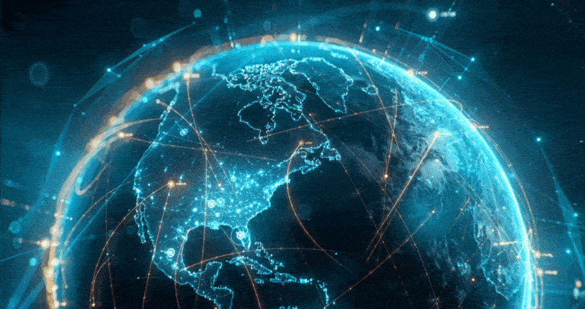 Futuristic digital globe of Earth with glowing data points network connections on a dark background