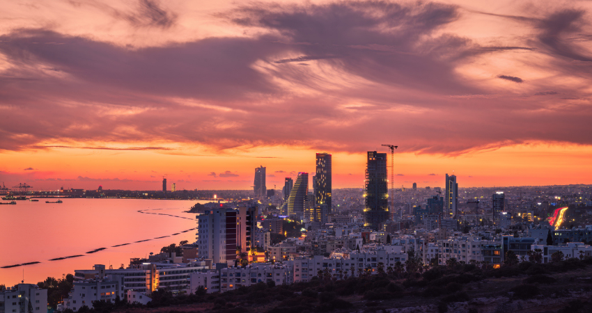 View of Limassol city with skyscrapers at sunset