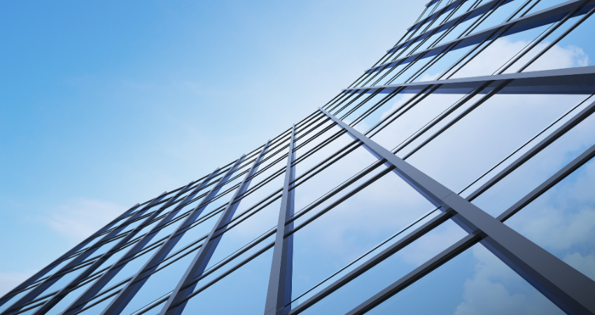 Low angle view of futuristic architecture, Skyscraper office building with cloud reflected on window